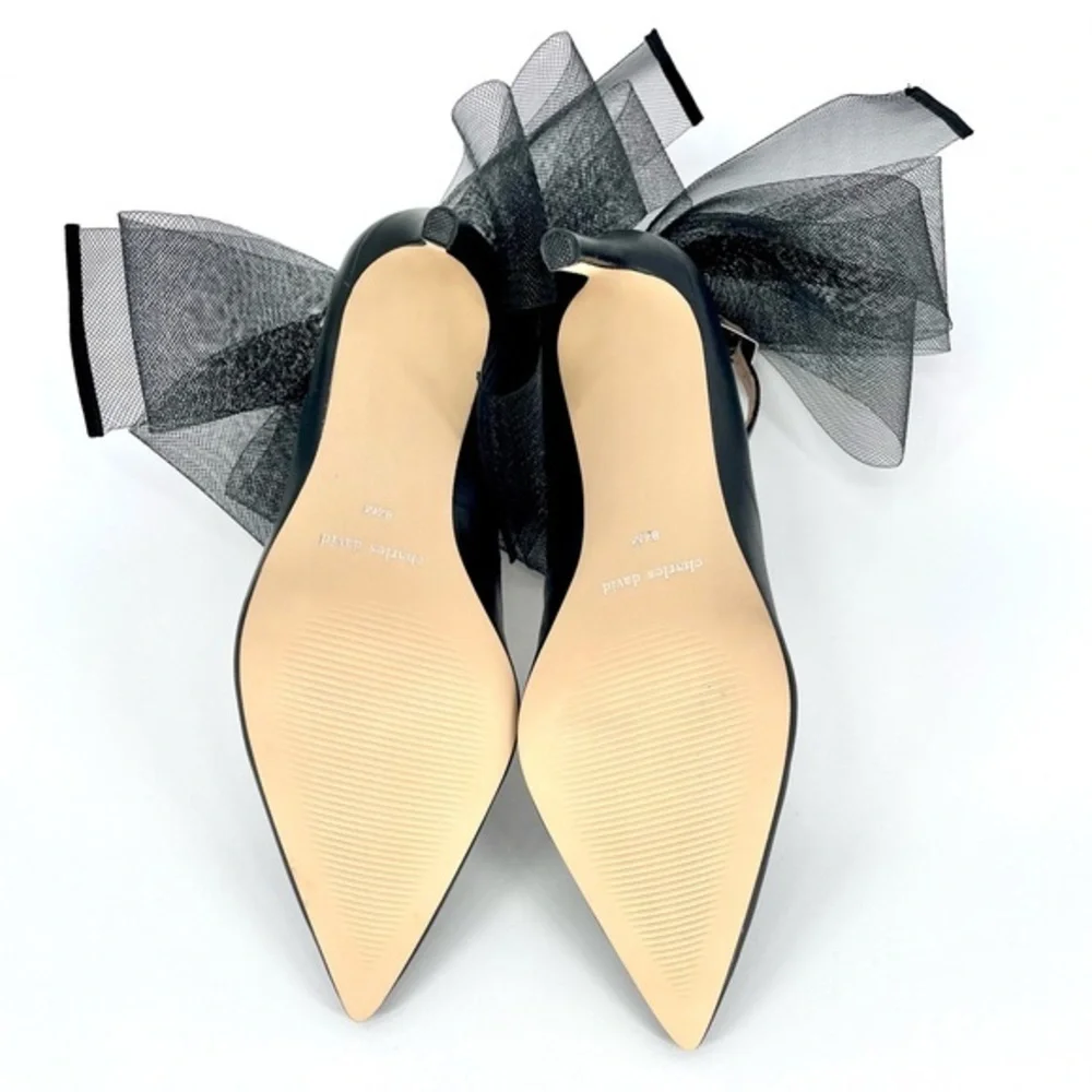 CHARLES DAVID Rogue Black Leather Ankle Strap Pointed Toe Pump Tulle Bow New 8.5